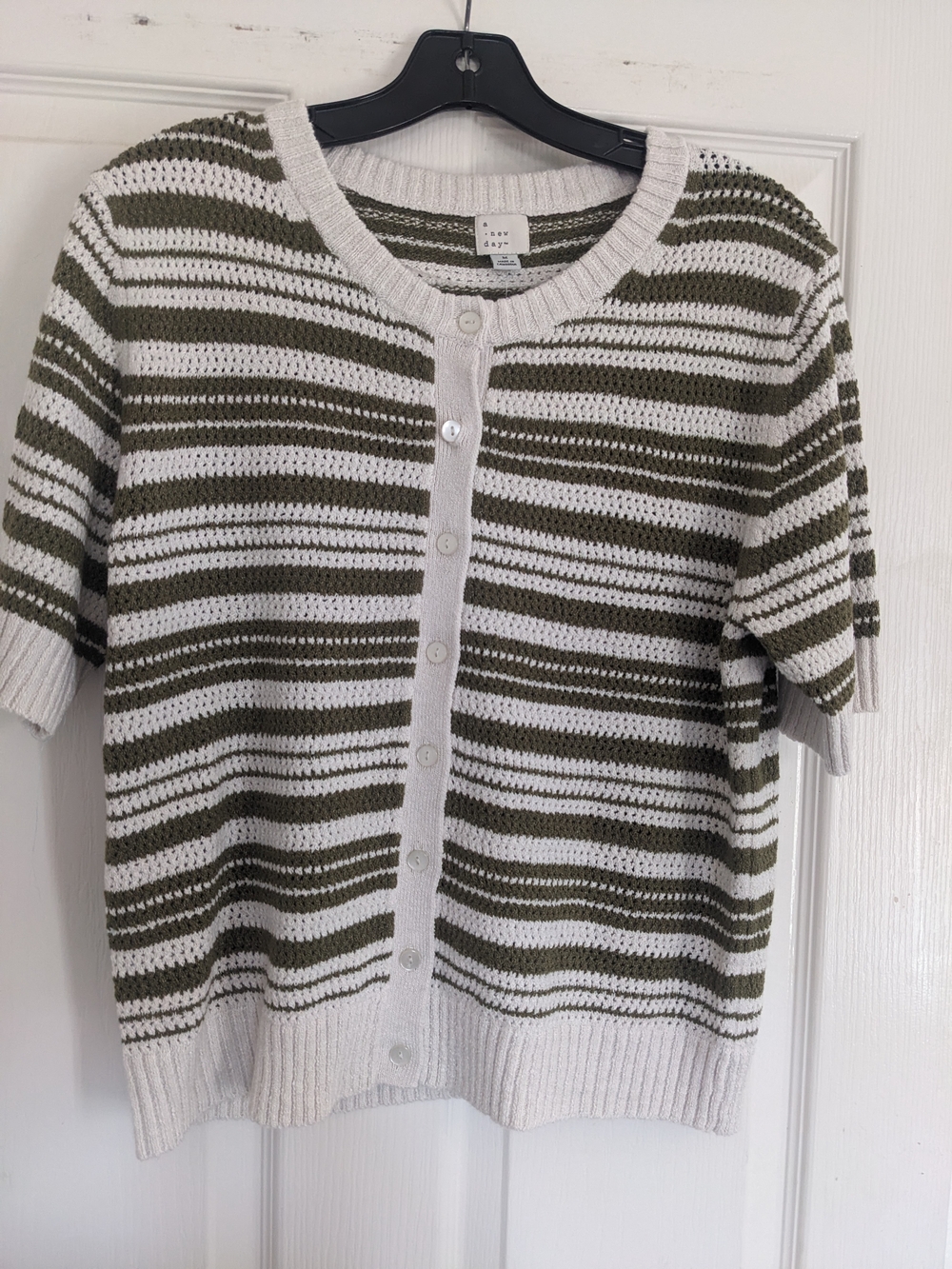 A New Day Olive & White Striped Button-Up Sweater